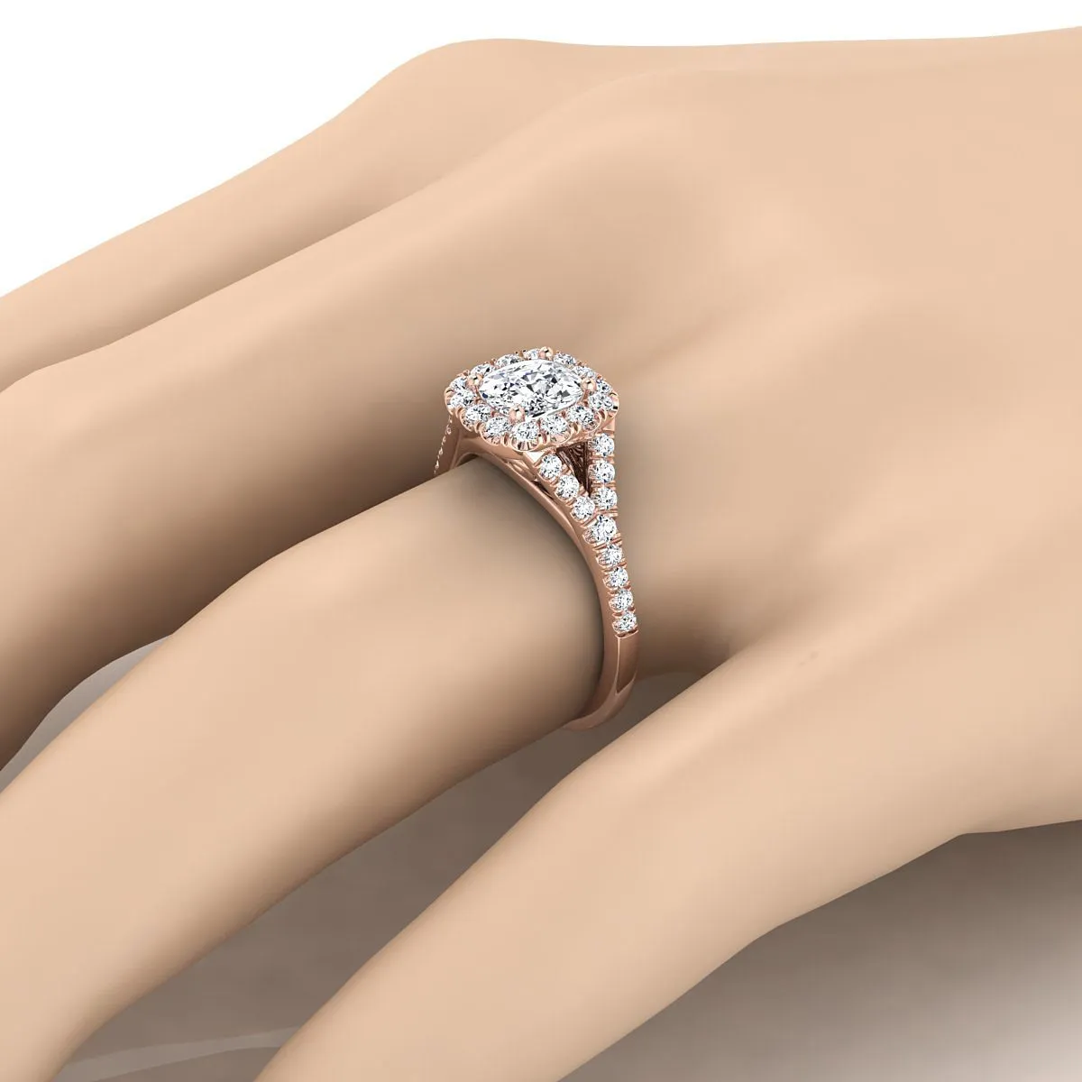 14K Rose Gold Cushion Diamond Simple Prong Halo Split Shank Engagement Ring -1/2ctw