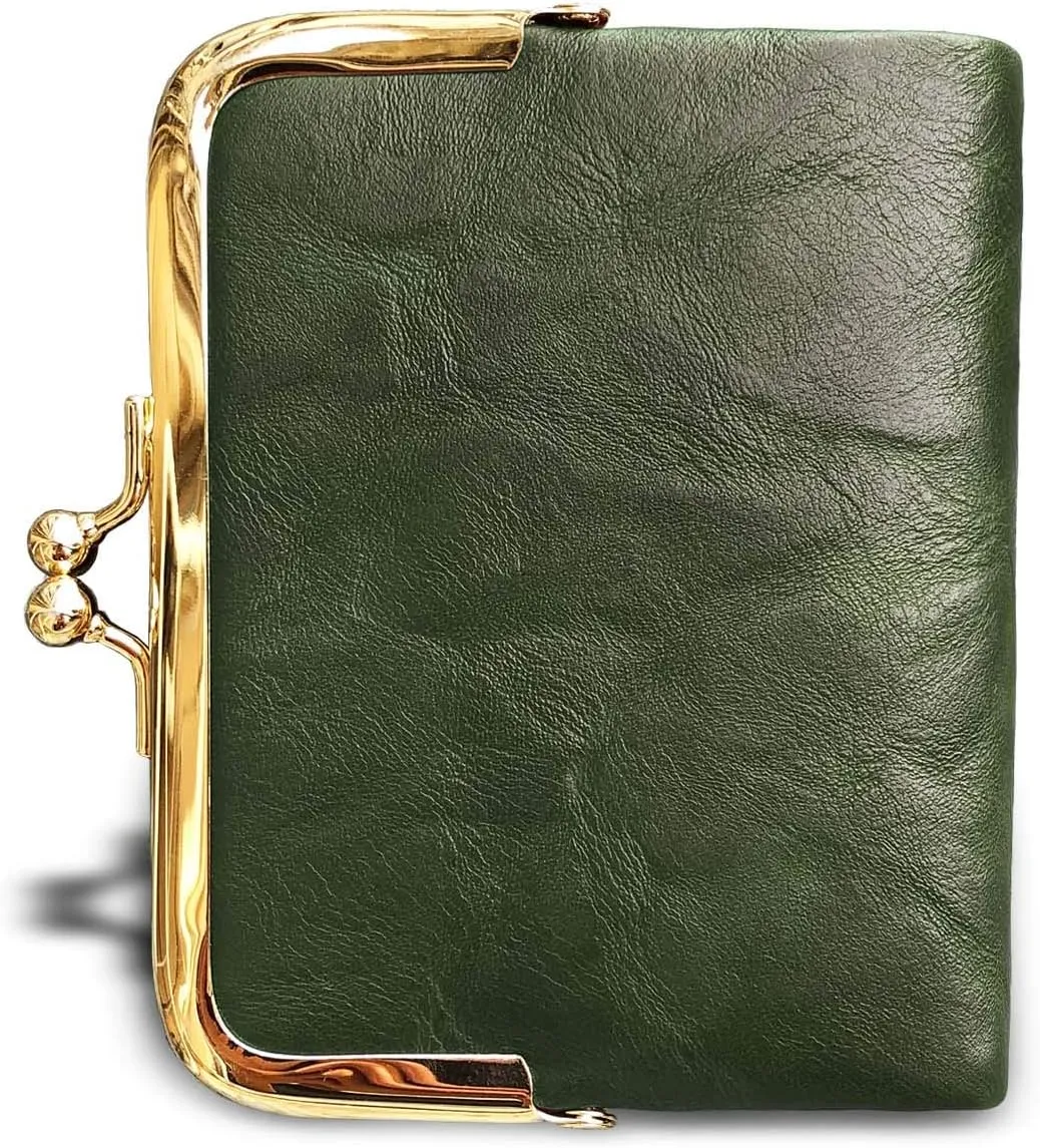 AOXONEL Womens Wallet Small Rfid Ladies Compact Bifold Leather Vintage Coin Purse With Zipper and Kiss Lock