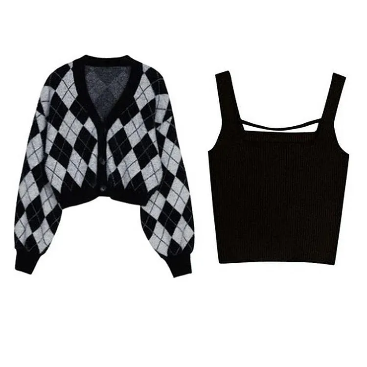 Casual Chic V-Neck Rhombus Print Two-Piece Cardigan Set