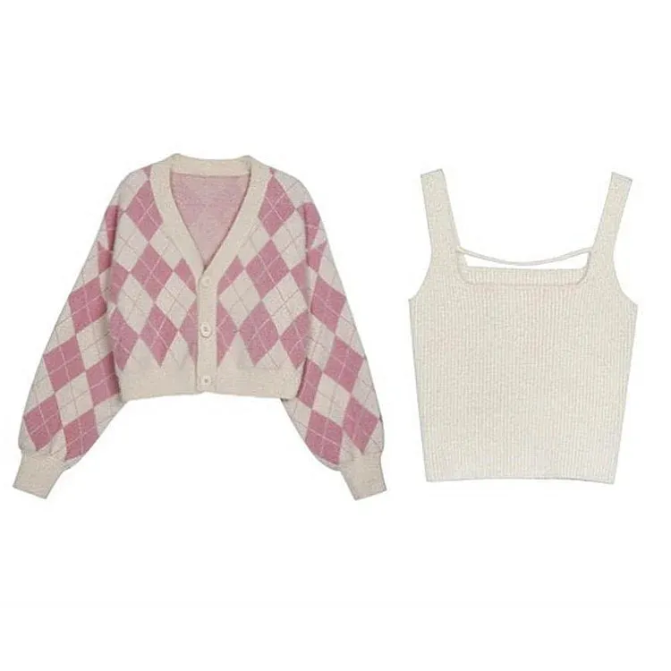 Casual Chic V-Neck Rhombus Print Two-Piece Cardigan Set