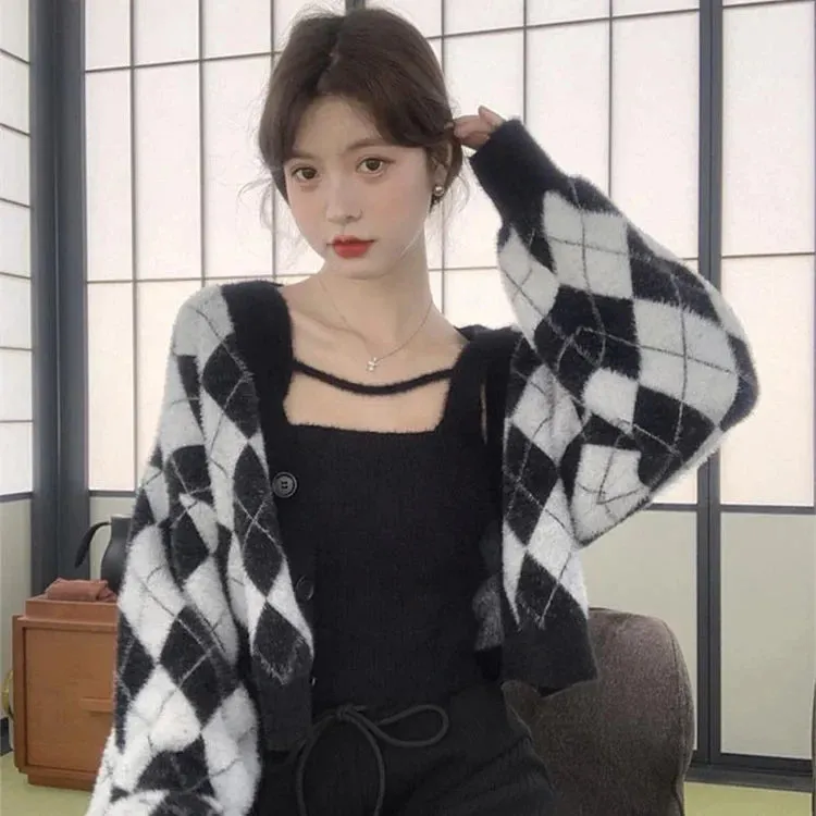 Casual Chic V-Neck Rhombus Print Two-Piece Cardigan Set