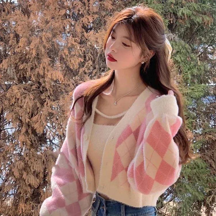 Casual Chic V-Neck Rhombus Print Two-Piece Cardigan Set