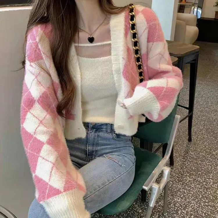 Casual Chic V-Neck Rhombus Print Two-Piece Cardigan Set