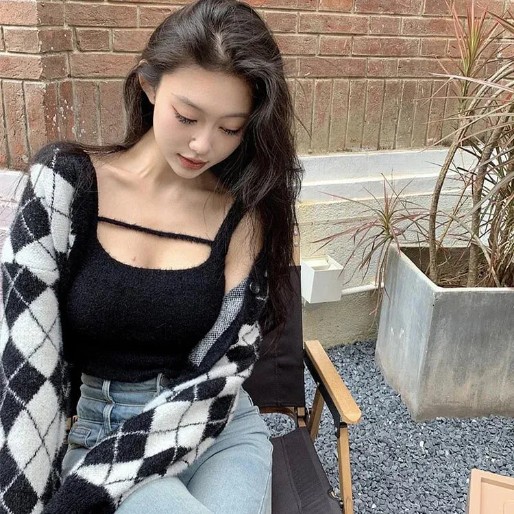 Casual Chic V-Neck Rhombus Print Two-Piece Cardigan Set