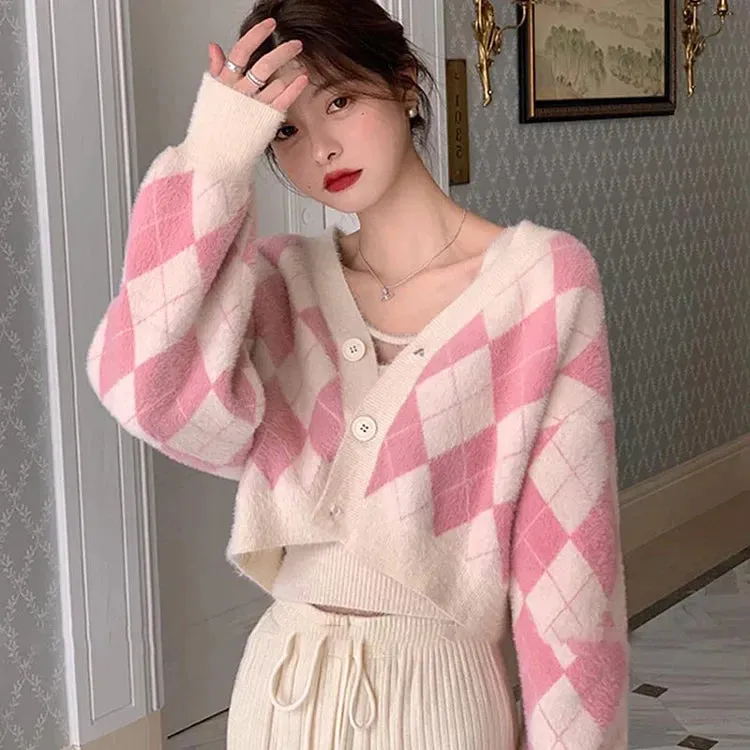 Casual Chic V-Neck Rhombus Print Two-Piece Cardigan Set