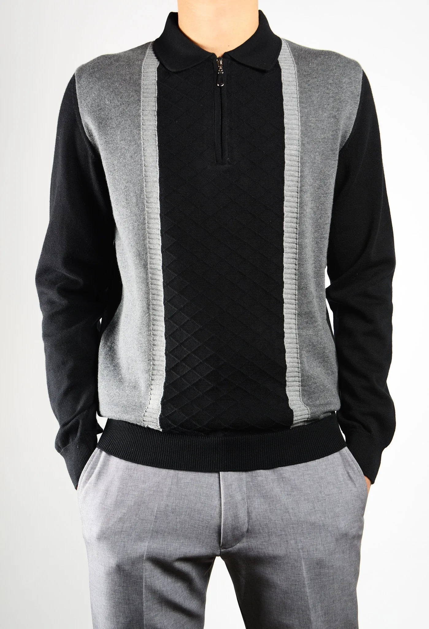 DT 1/4 Zip Textured Diamond Stitch Front Polo Ls