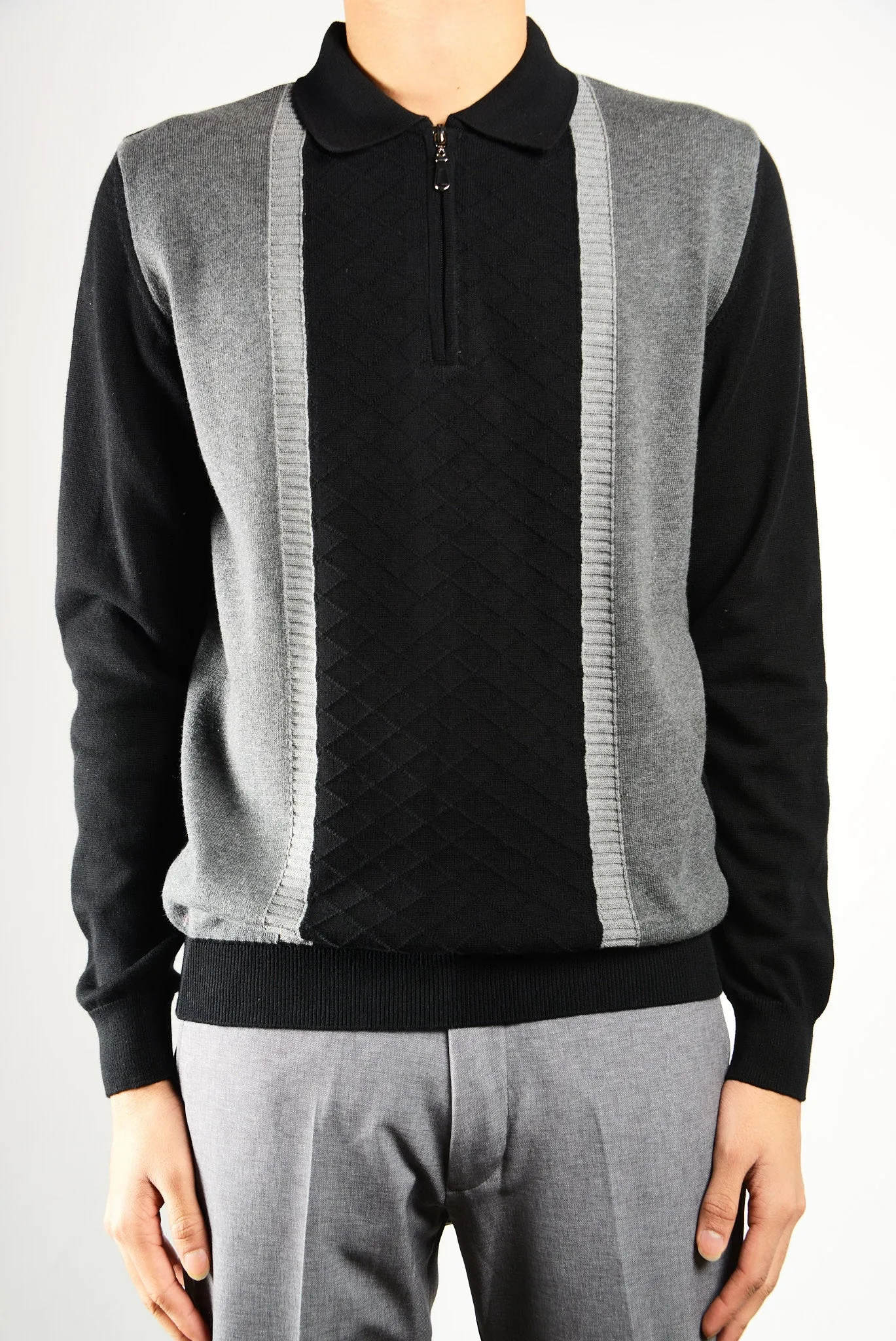 DT 1/4 Zip Textured Diamond Stitch Front Polo Ls
