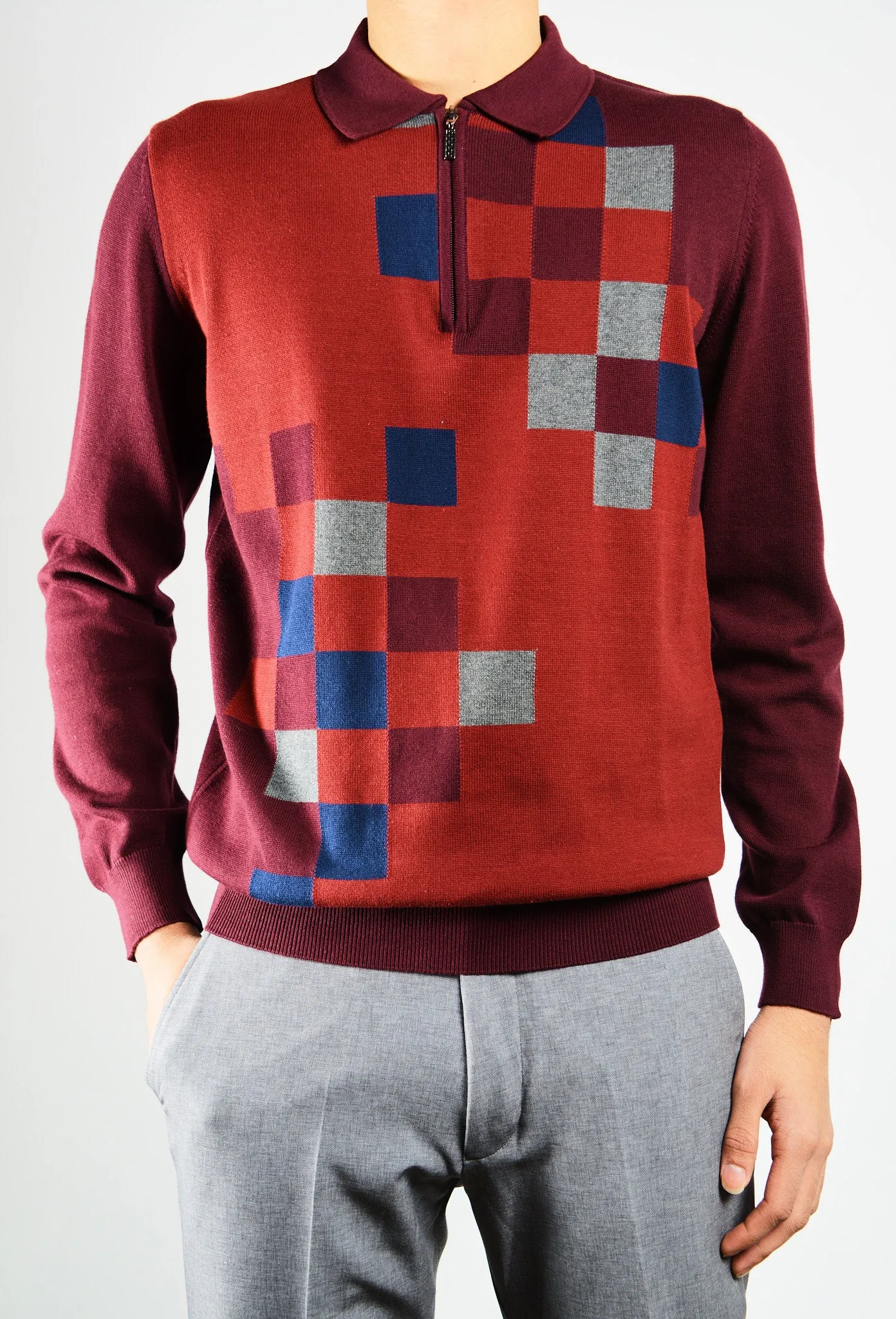 DT 1/4 Zip Two Tone Check Polo Ls