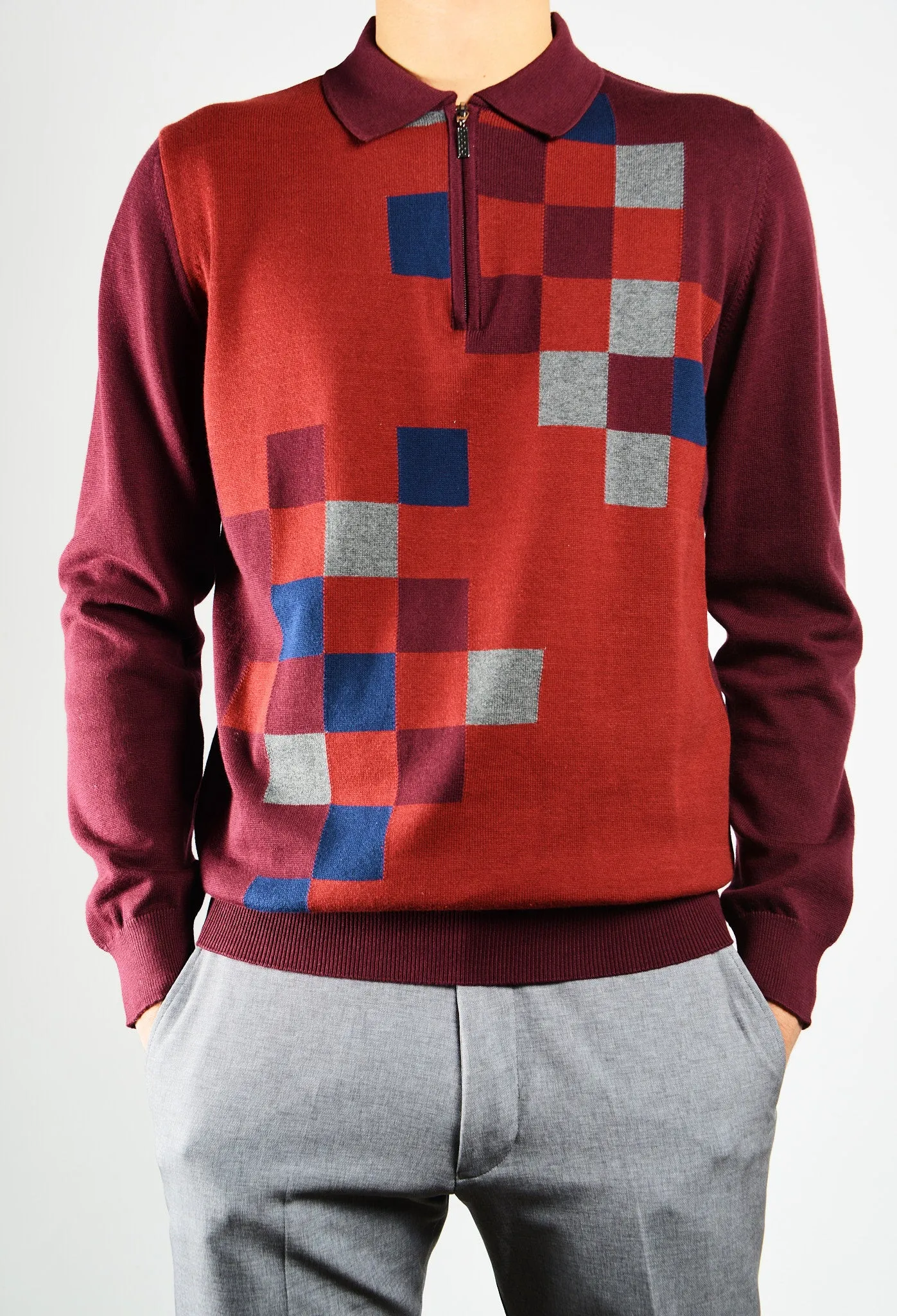DT 1/4 Zip Two Tone Check Polo Ls
