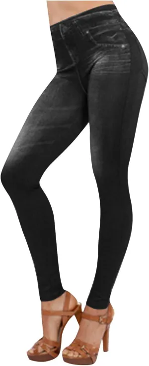 Firzero Women Leggings High Waisted Jean Look Denim Leggings Thick Fake Jean Tummy Control Butt Lifting Pants
