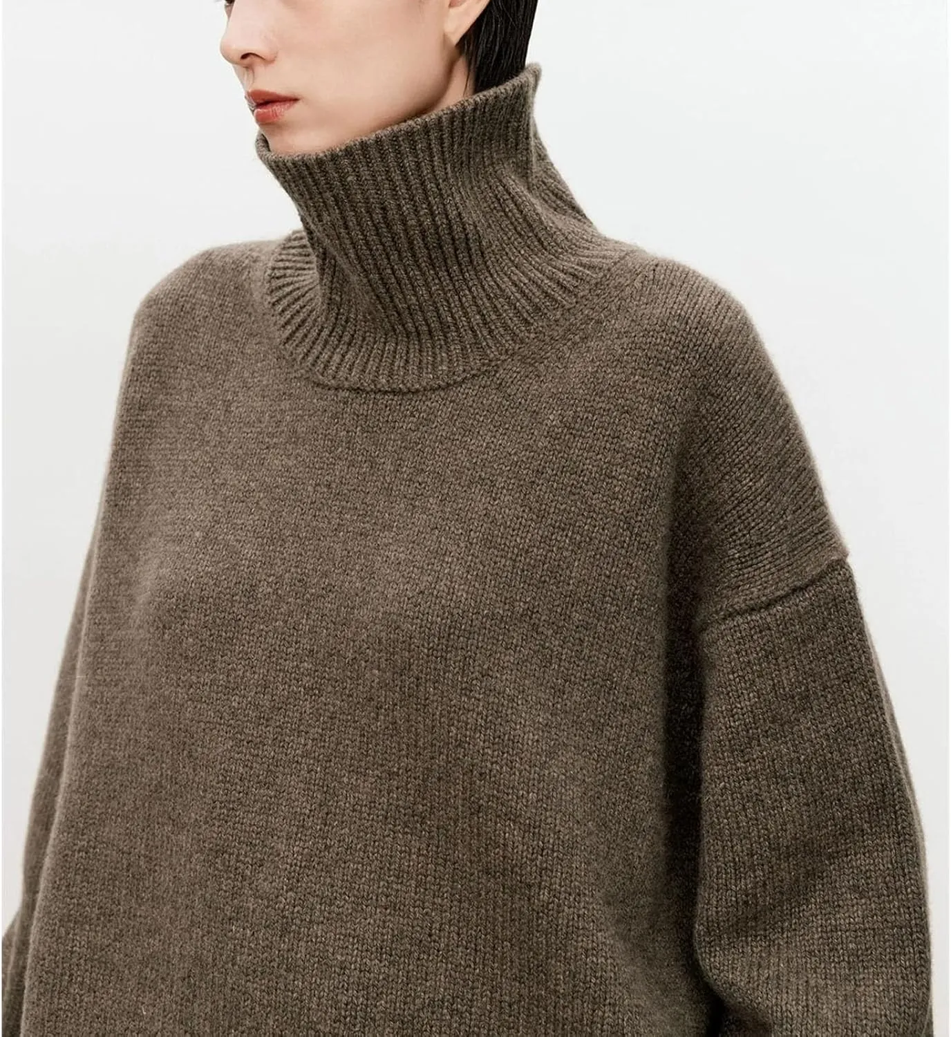 High-Necked Pure Cashmere Sweater for Women, Loose and Thick Lazy Style Pullover, Knitted Base Wool Sweater