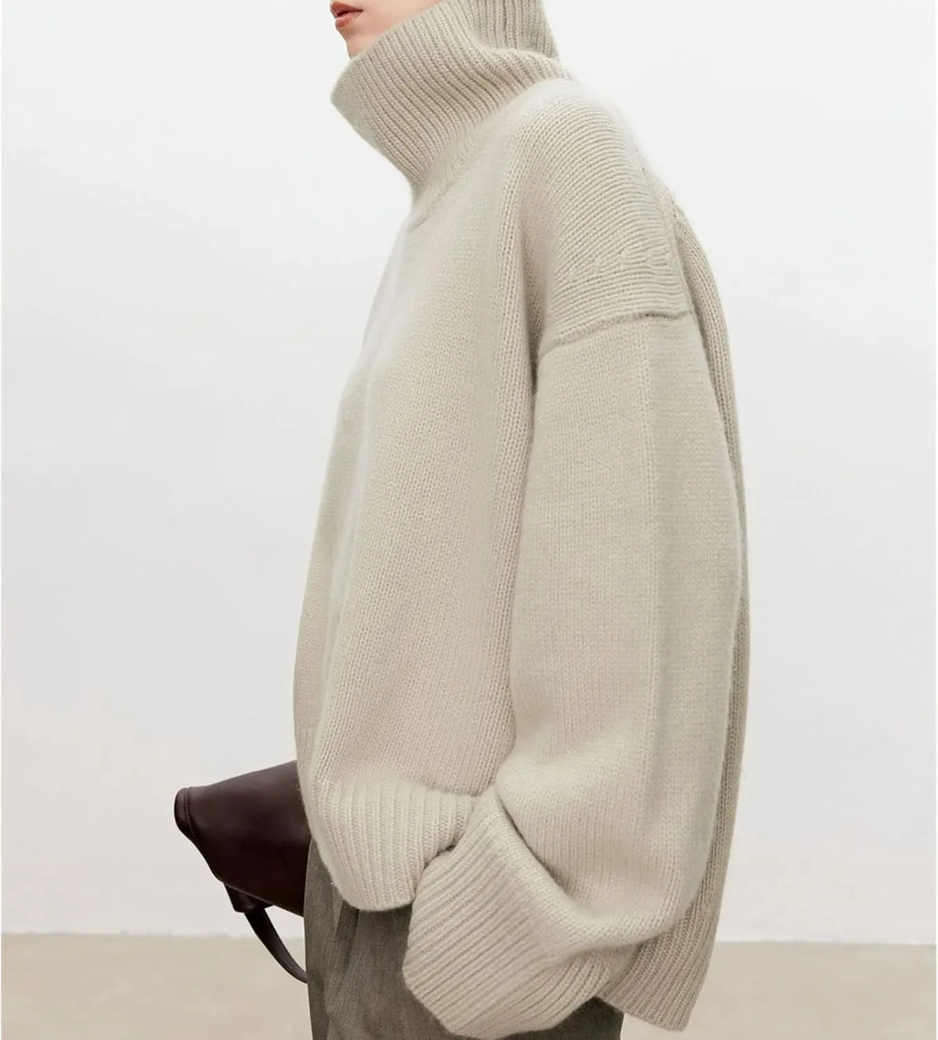 High-Necked Pure Cashmere Sweater for Women, Loose and Thick Lazy Style Pullover, Knitted Base Wool Sweater