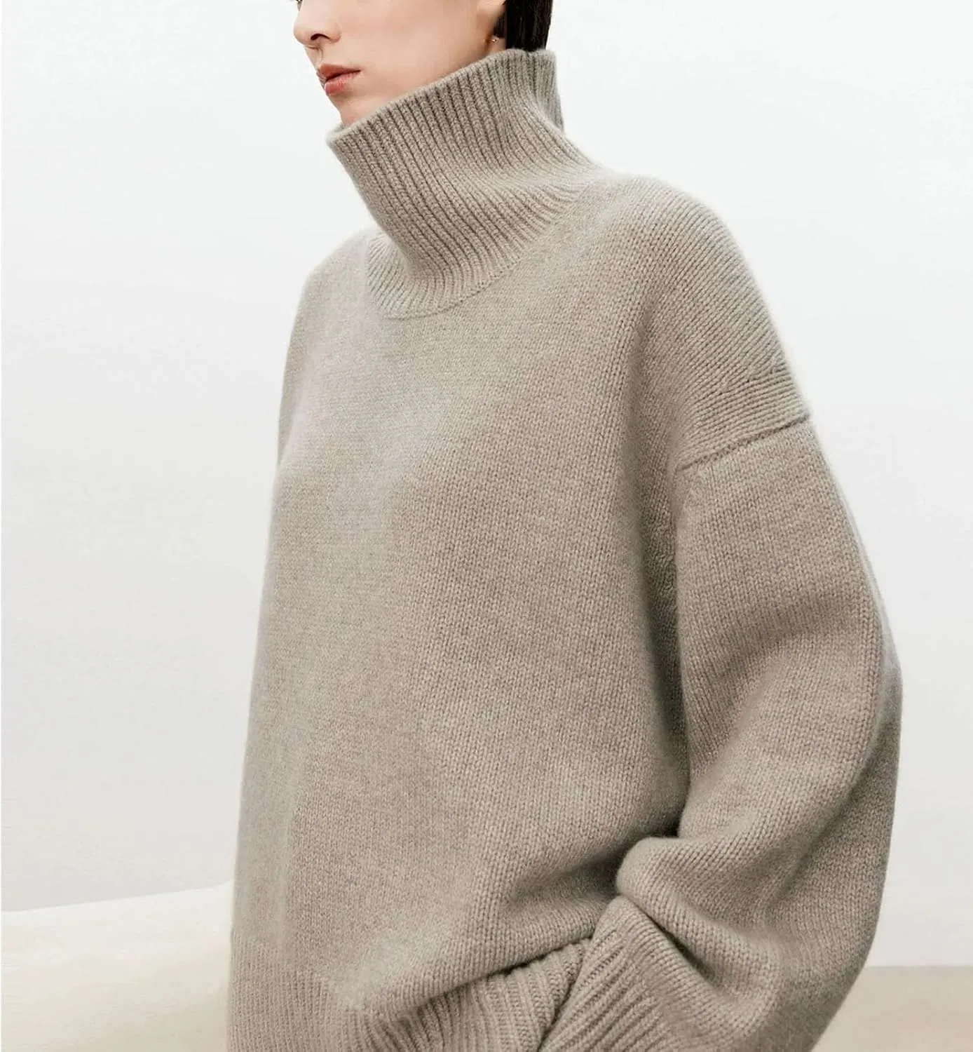 High-Necked Pure Cashmere Sweater for Women, Loose and Thick Lazy Style Pullover, Knitted Base Wool Sweater
