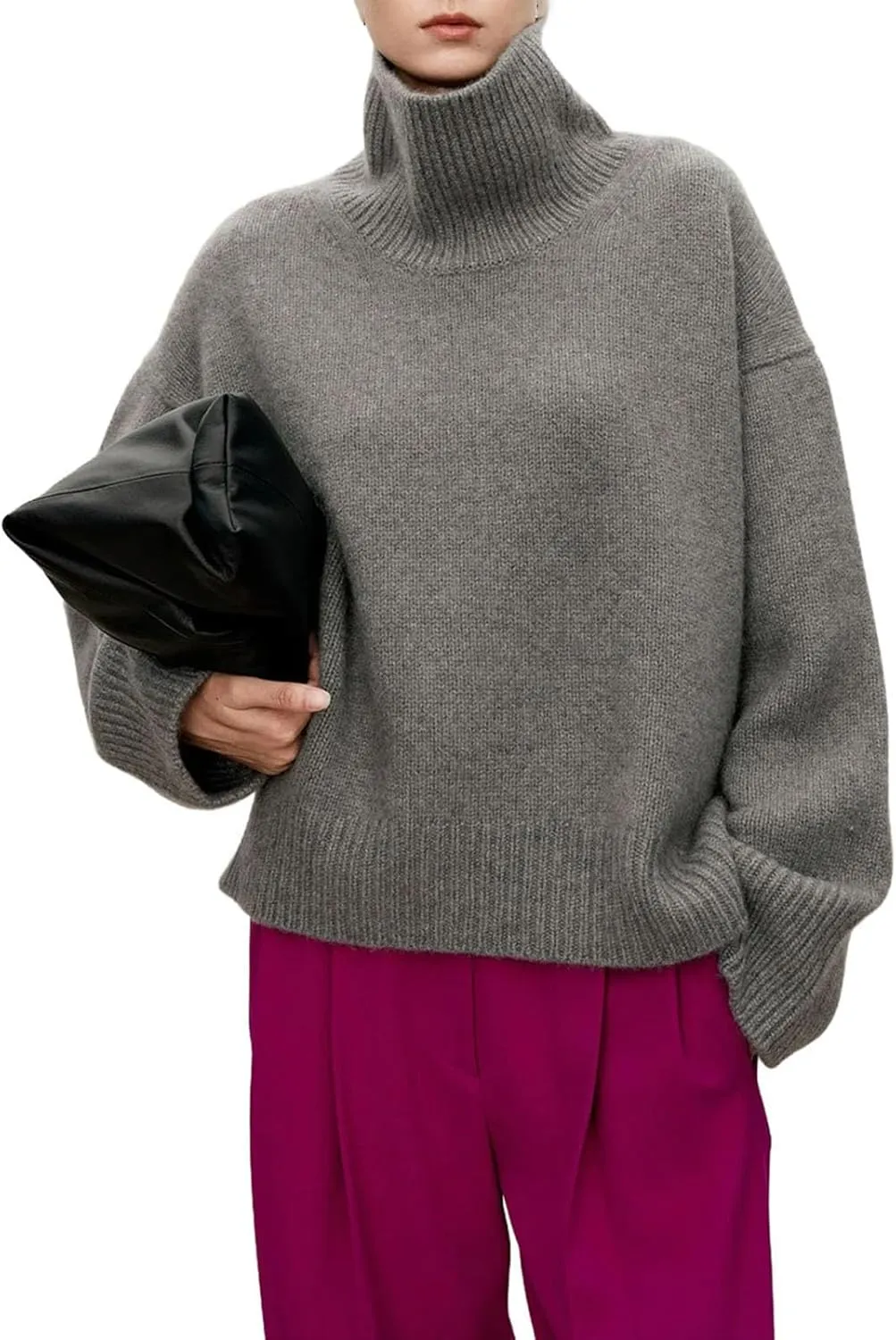 High-Necked Pure Cashmere Sweater for Women, Loose and Thick Lazy Style Pullover, Knitted Base Wool Sweater