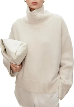 High-Necked Pure Cashmere Sweater for Women, Loose and Thick Lazy Style Pullover, Knitted Base Wool Sweater