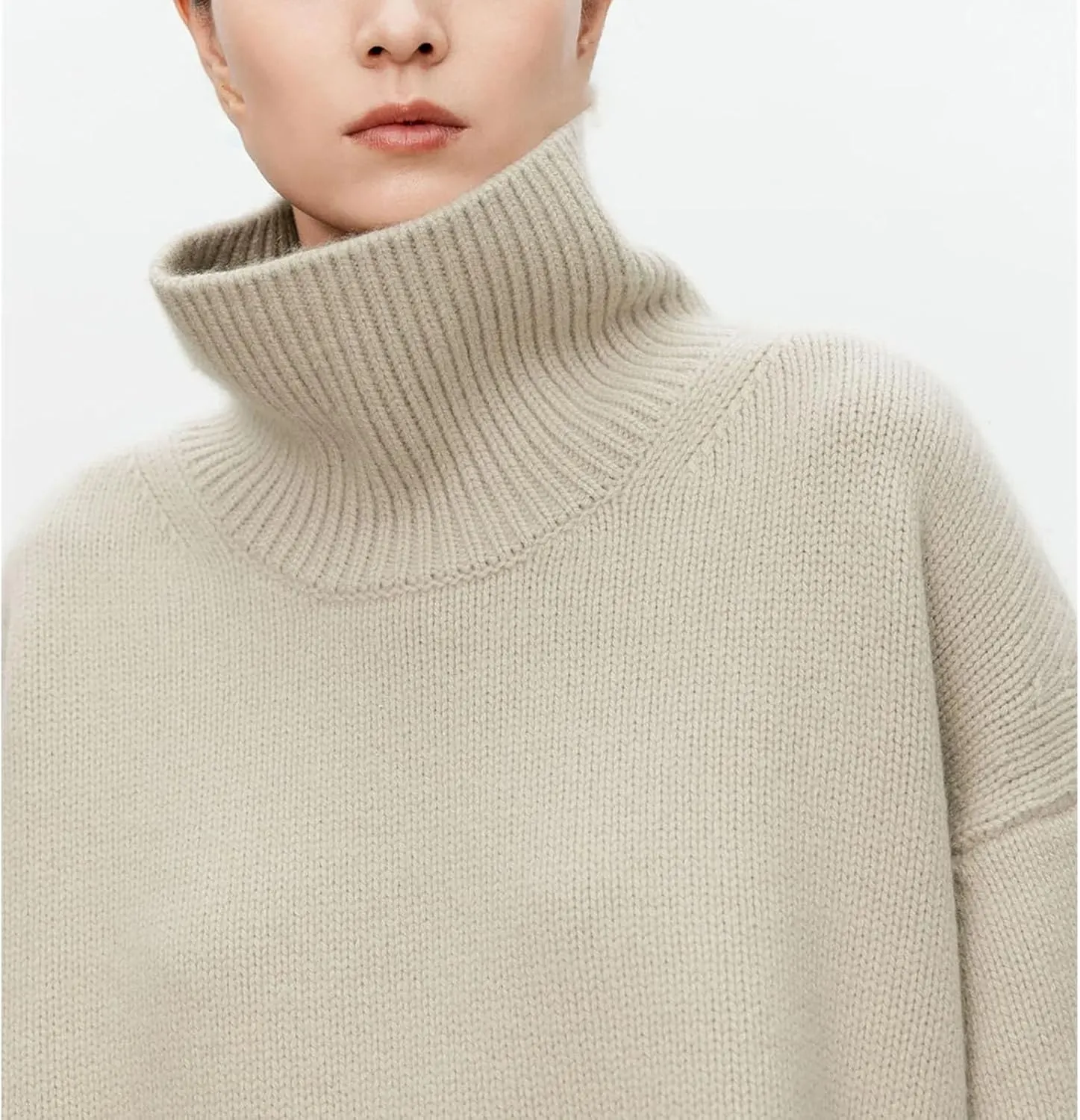 High-Necked Pure Cashmere Sweater for Women, Loose and Thick Lazy Style Pullover, Knitted Base Wool Sweater