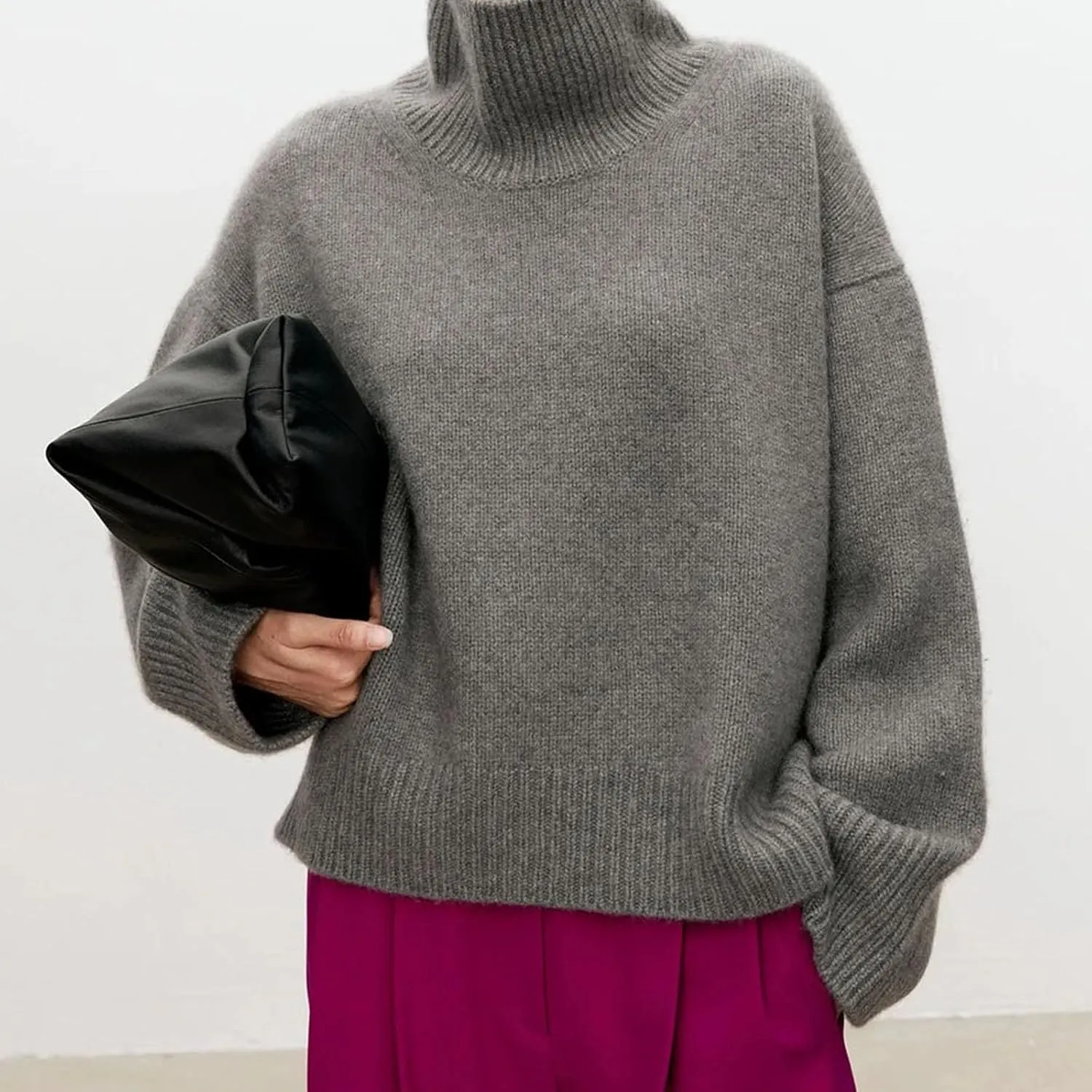 High-Necked Pure Cashmere Sweater for Women, Loose and Thick Lazy Style Pullover, Knitted Base Wool Sweater
