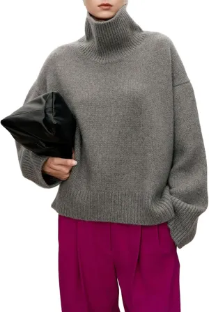 High-Necked Pure Cashmere Sweater for Women, Loose and Thick Lazy Style Pullover, Knitted Base Wool Sweater