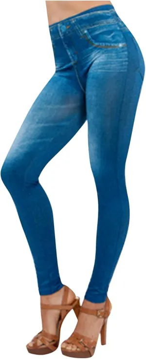 hlysgo Pull On Womens Jeans Leggings Stretchy High Waisted Skinny Denim Trouser Pants Trendy Jean Look Leggings