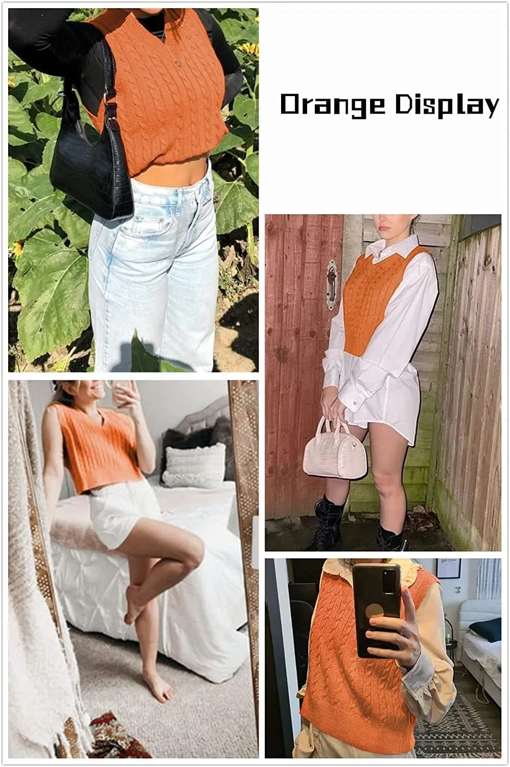 Lailezou Women's V-Neck Knit Sweater Vest Solid Color Argyle Plaid Preppy Style Sleeveless Crop Knit Vest