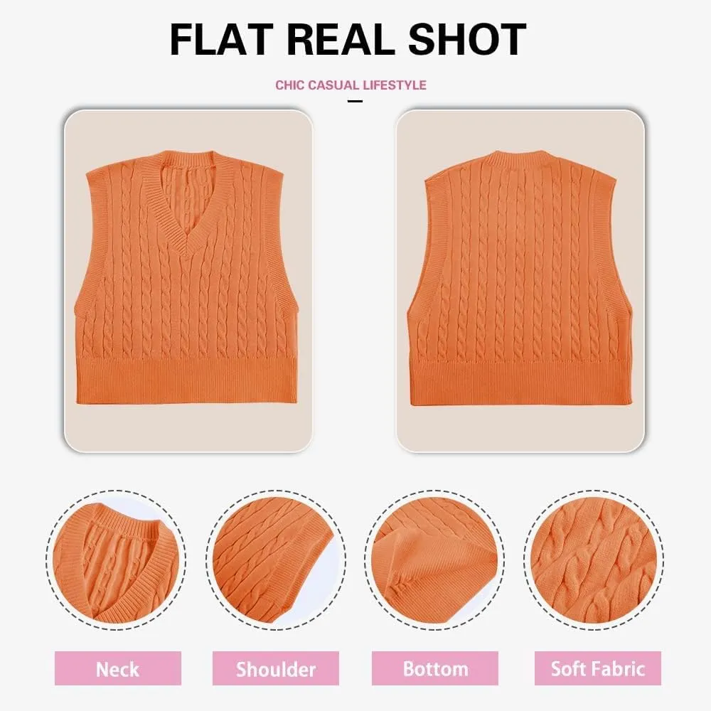 Lailezou Women's V-Neck Knit Sweater Vest Solid Color Argyle Plaid Preppy Style Sleeveless Crop Knit Vest