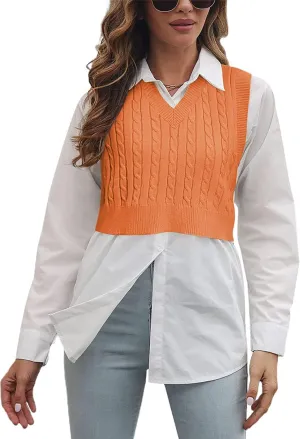 Lailezou Women's V-Neck Knit Sweater Vest Solid Color Argyle Plaid Preppy Style Sleeveless Crop Knit Vest