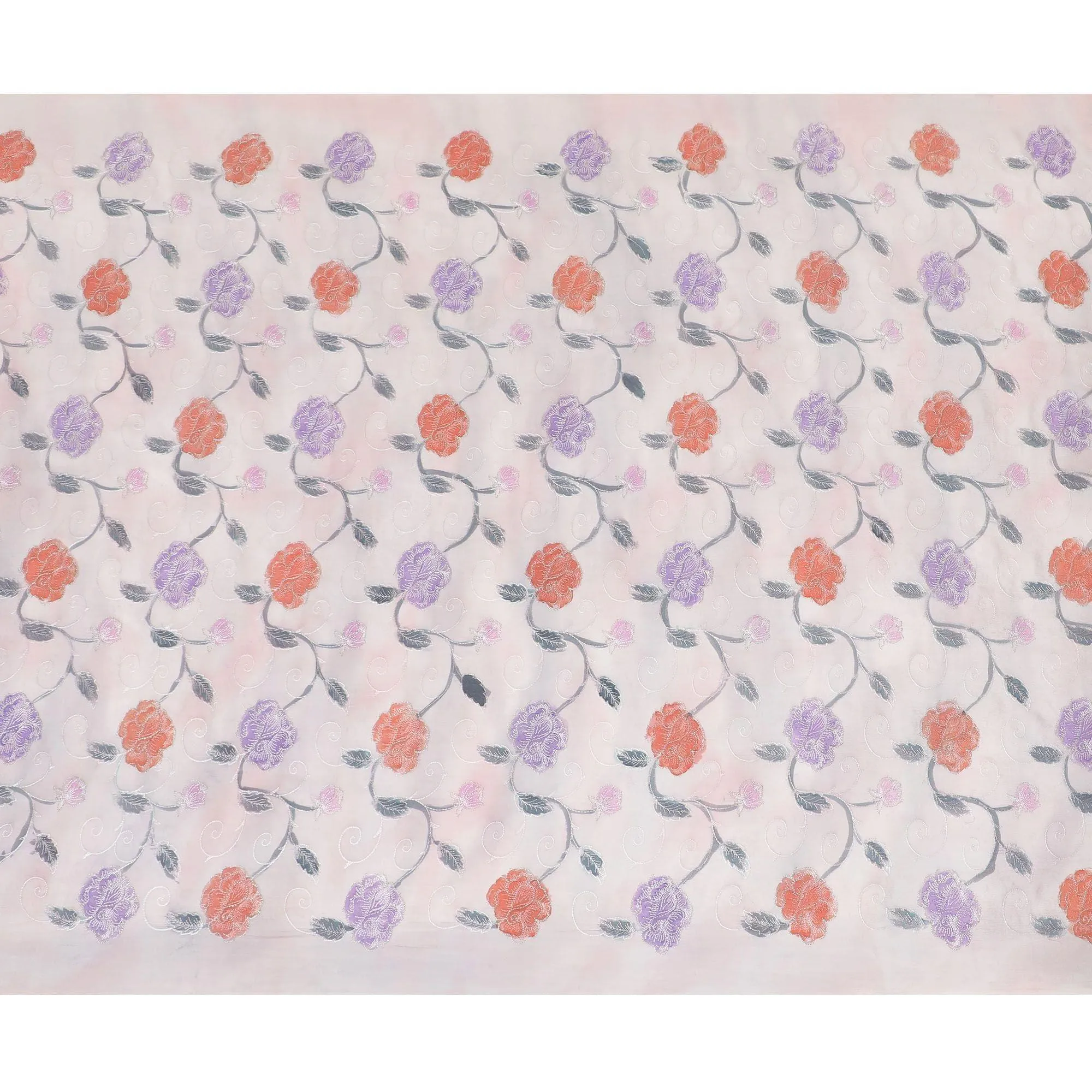 Lavender grey pure silk crepe fabric with same tone, brick red and grey print having multicolor embroidery in floral design-D8145
