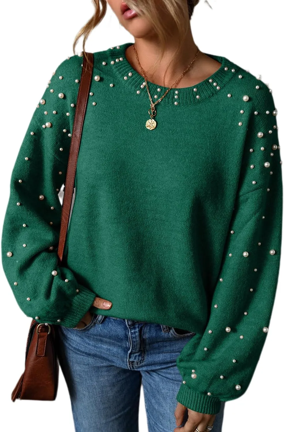 Melliflo Women's Chunky Sweater Crewneck Drop Shoulder Lantern Sleeve Pullover Sweater Pearl Fall Knit Tops