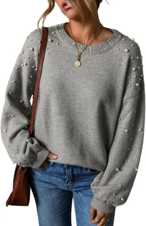 Melliflo Women's Chunky Sweater Crewneck Drop Shoulder Lantern Sleeve Pullover Sweater Pearl Fall Knit Tops