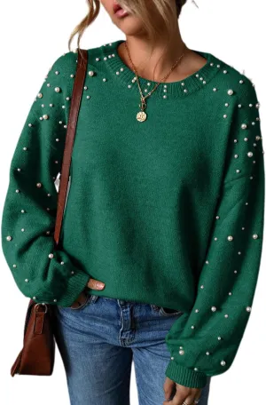 Melliflo Women's Chunky Sweater Crewneck Drop Shoulder Lantern Sleeve Pullover Sweater Pearl Fall Knit Tops