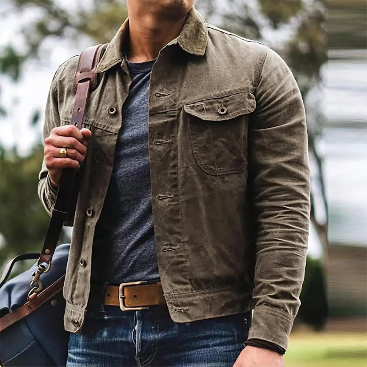 Mens Distressed Shirt Jacket Notch Lapel Washed Vintage Style Denim Trucker Jacket Long Sleeve Button Down Sport Coat