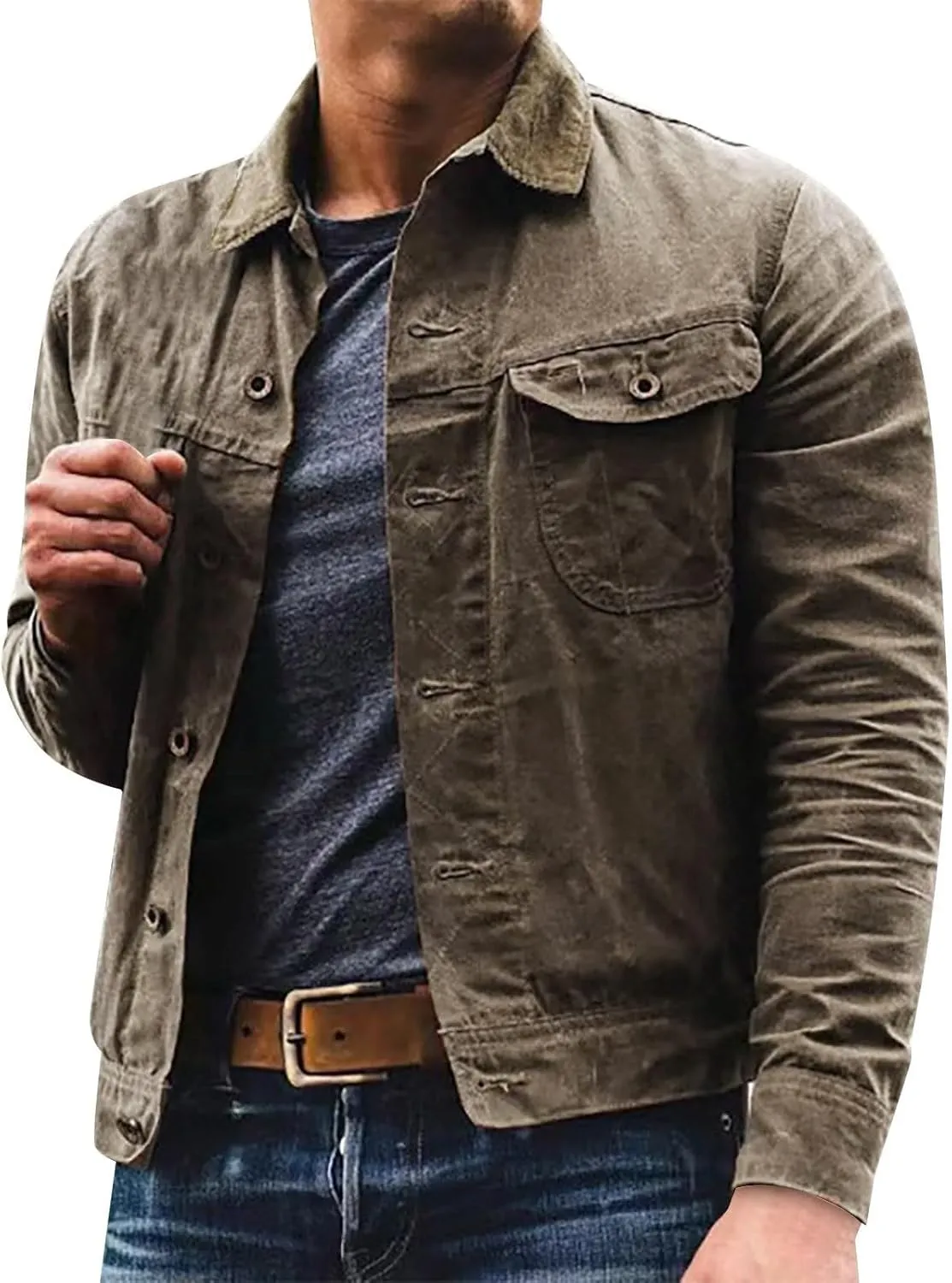 Mens Distressed Shirt Jacket Notch Lapel Washed Vintage Style Denim Trucker Jacket Long Sleeve Button Down Sport Coat