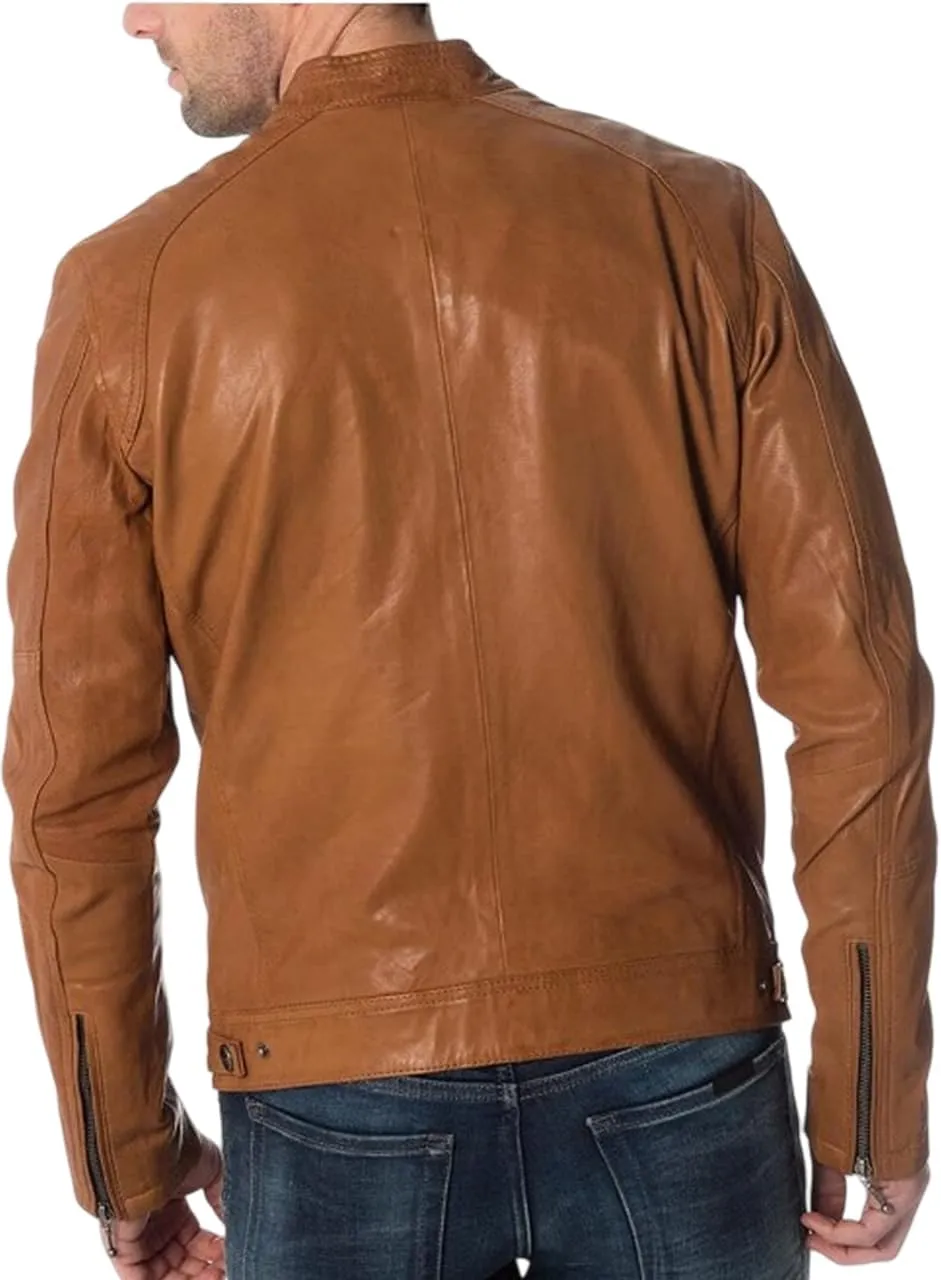 Men's Genuine Lambskin Leather Classic Slim Fit Biker Style Motorcycle Jackets For Men MJ035