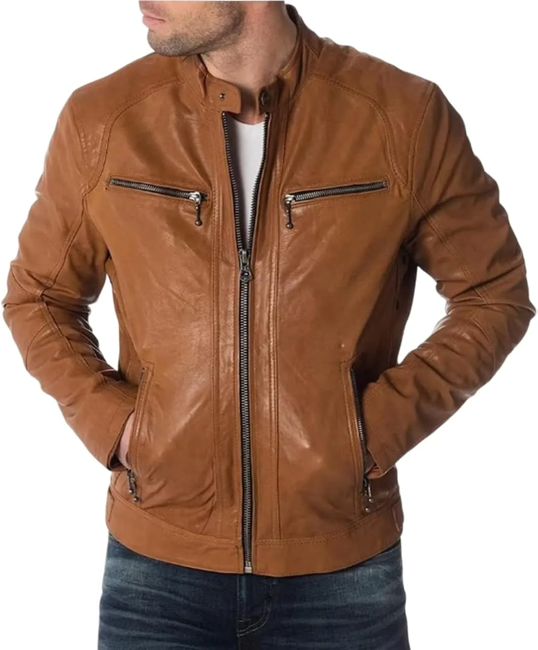 Men's Genuine Lambskin Leather Classic Slim Fit Biker Style Motorcycle Jackets For Men MJ035