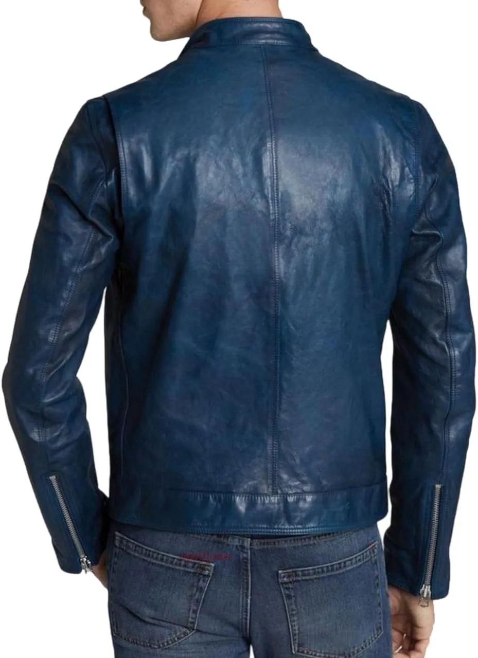 Men's Genuine Lambskin Leather Classic Slim Fit Biker Style Motorcycle Jackets For Men MJ045