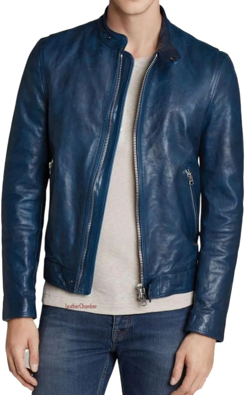 Men's Genuine Lambskin Leather Classic Slim Fit Biker Style Motorcycle Jackets For Men MJ045