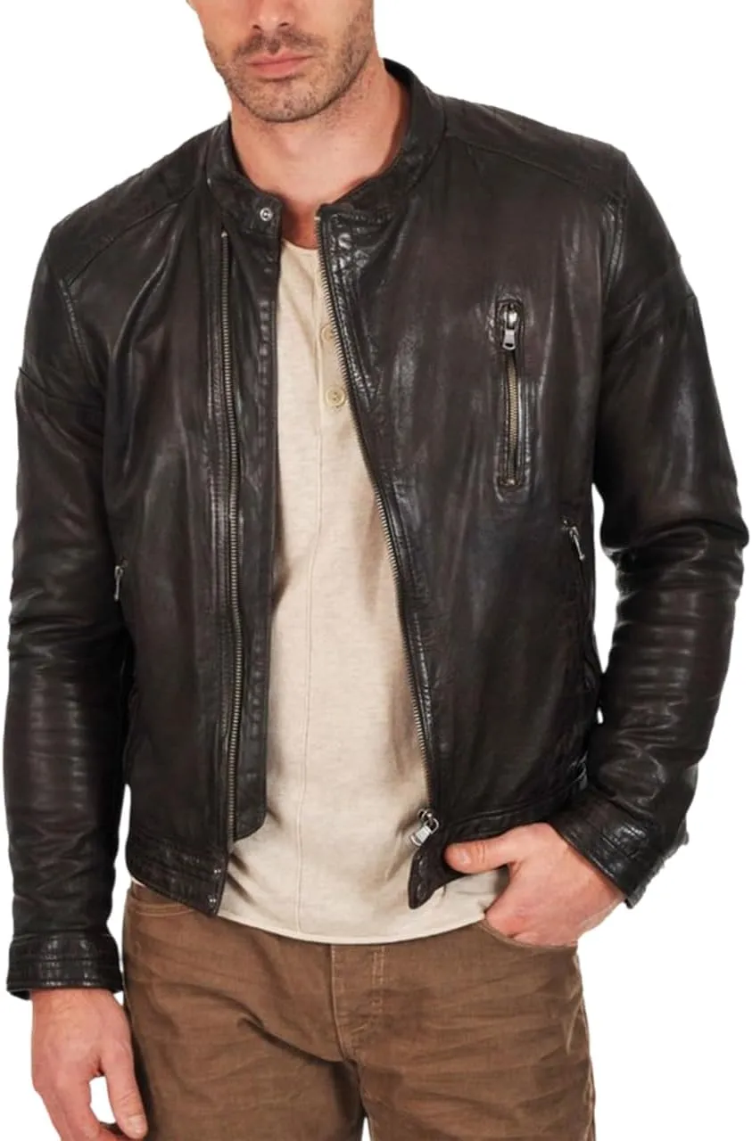 Men's Genuine Lambskin Leather Classic Slim Fit Biker Style Motorcycle Jackets For Men MJ048