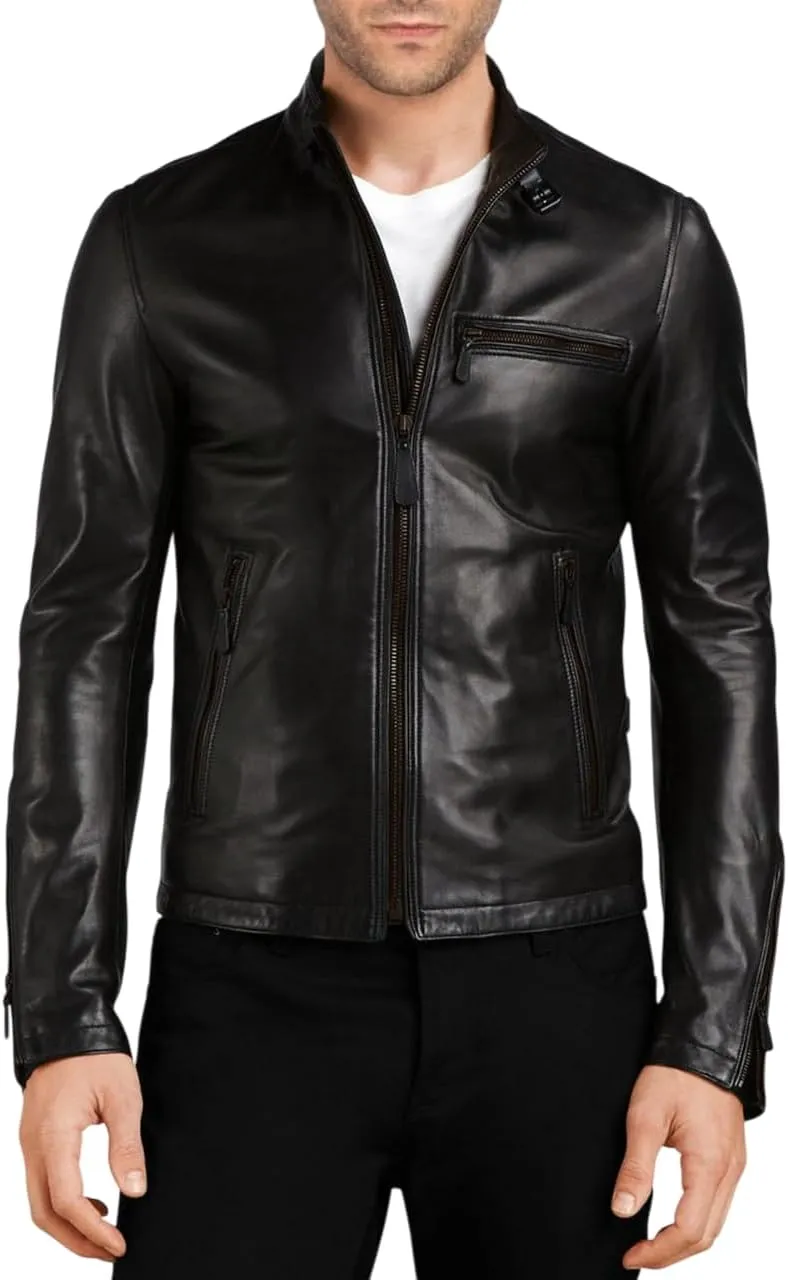 Men's Genuine Lambskin Leather Classic Slim Fit Biker Style Motorcycle Jackets For Men MJ058