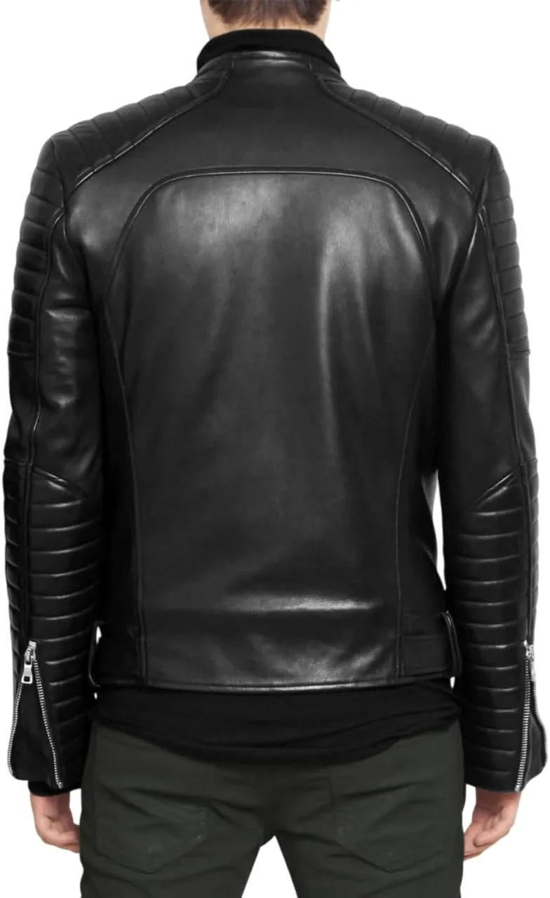 Men's Genuine Lambskin Leather Classic Slim Fit Biker Style Motorcycle Jackets For Men MJ059