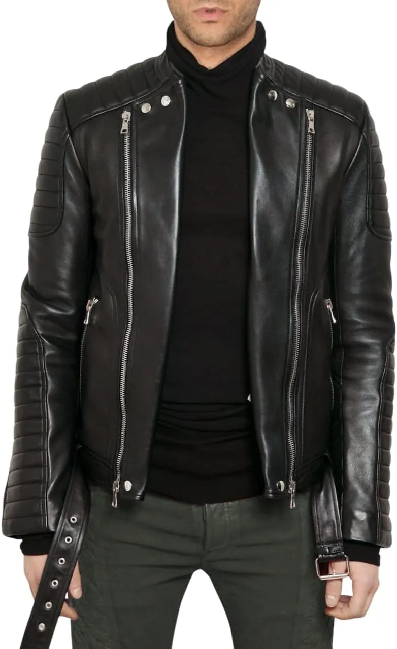 Men's Genuine Lambskin Leather Classic Slim Fit Biker Style Motorcycle Jackets For Men MJ059