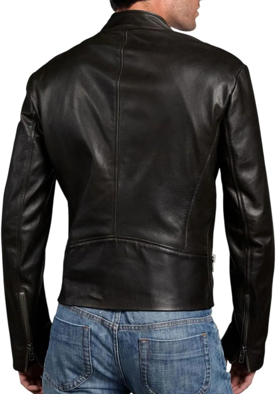 Men's Genuine Lambskin Leather Classic Slim Fit Biker Style Motorcycle Jackets For Men MJ065