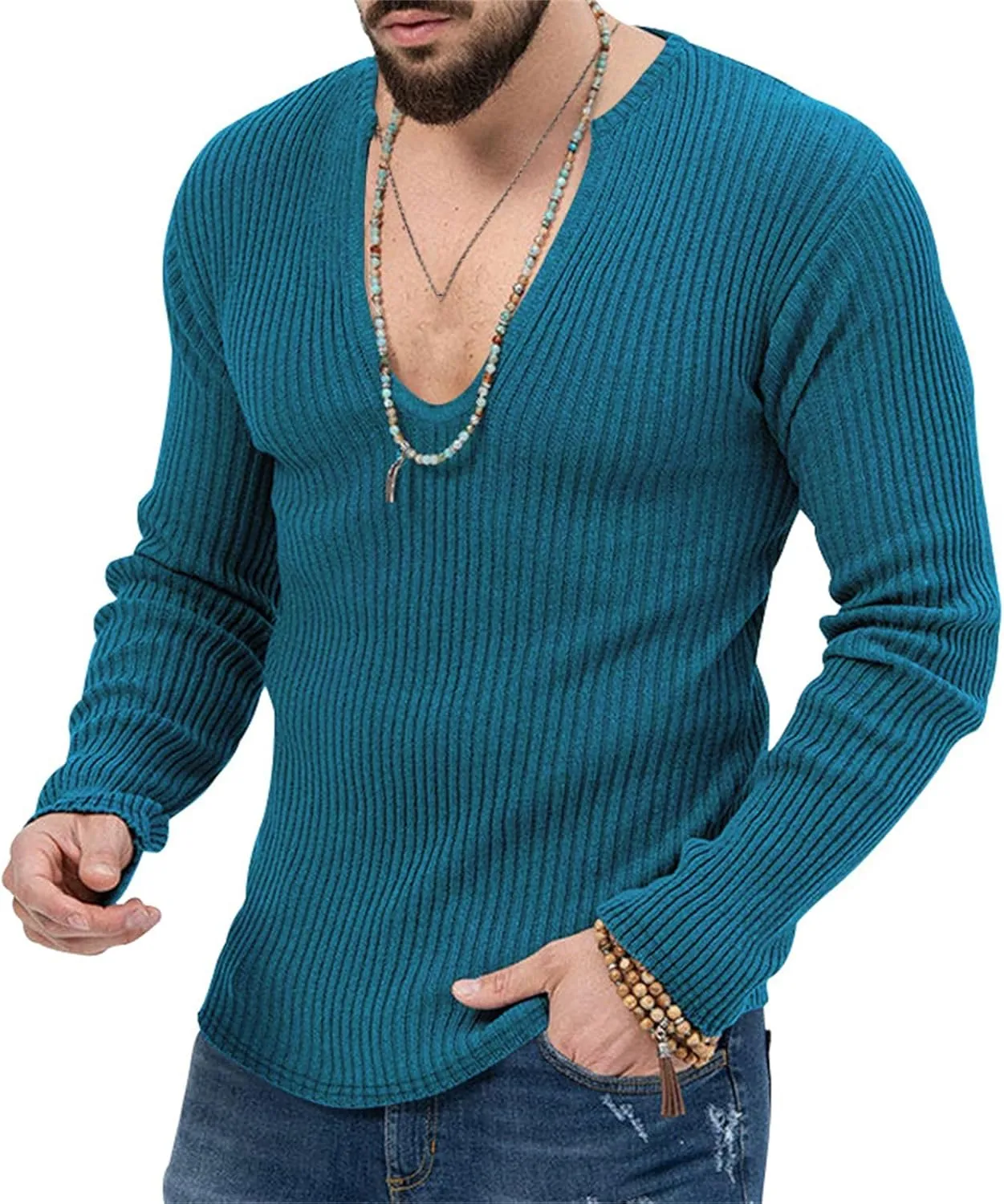 Men's Sexy Deep V Neck Knitted Sweater Slim Fit Lightweight Vintage Pullover Casual Long Sleeve Knitwear Tops
