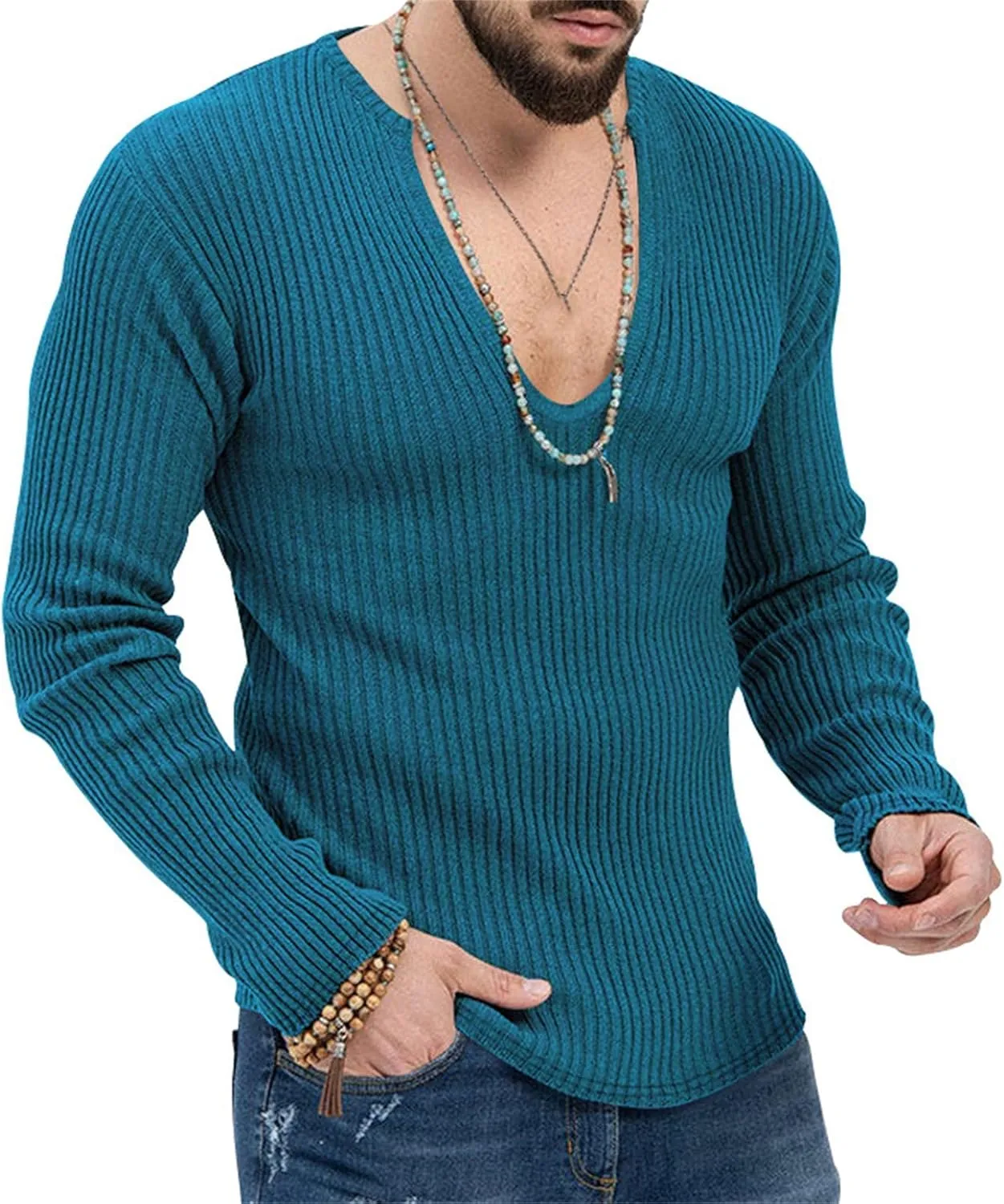 Men's Sexy Deep V Neck Knitted Sweater Slim Fit Lightweight Vintage Pullover Casual Long Sleeve Knitwear Tops