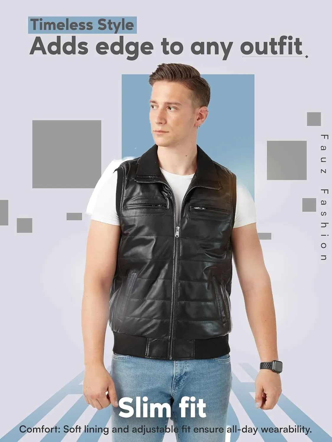 Men's Sheepskin Leather Puffer Vest Motorcycle Style Casual Black Leather Jacket, XS-3XL