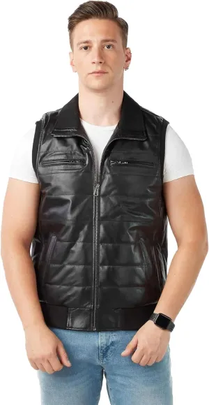 Men's Sheepskin Leather Puffer Vest Motorcycle Style Casual Black Leather Jacket, XS-3XL