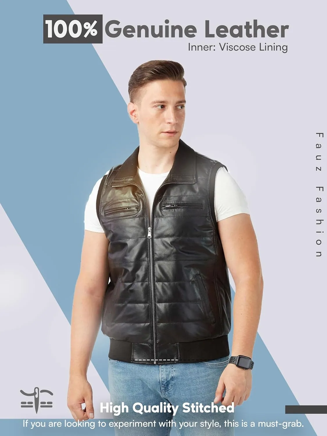 Men's Sheepskin Leather Puffer Vest Motorcycle Style Casual Black Leather Jacket, XS-3XL