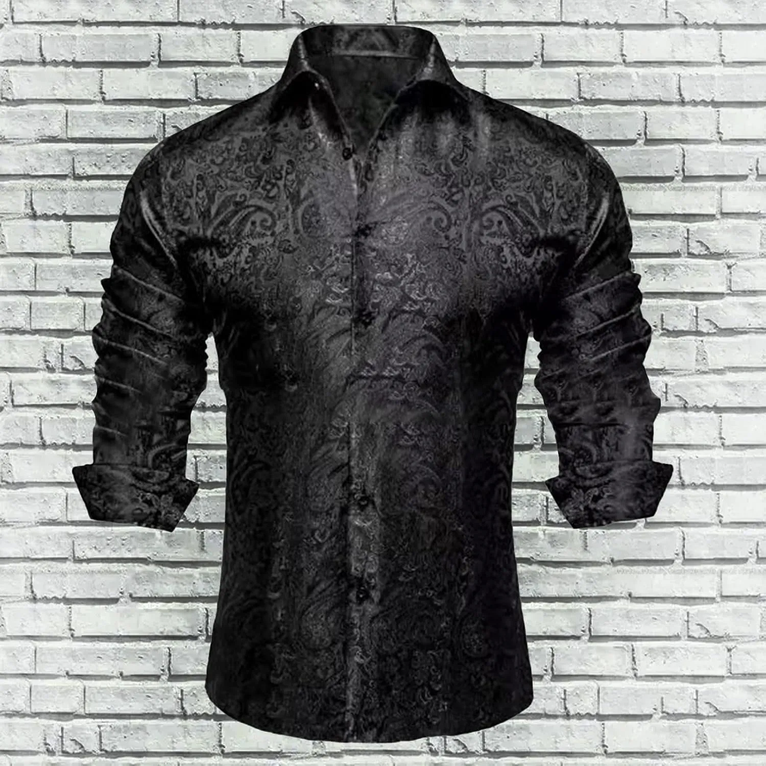 Mens Silk Look Paisley Dress Shirts Floral Long Sleeve Button Down Shirt Casual Regular Fit Tops for Men Business