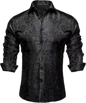 Mens Silk Look Paisley Dress Shirts Floral Long Sleeve Button Down Shirt Casual Regular Fit Tops for Men Business