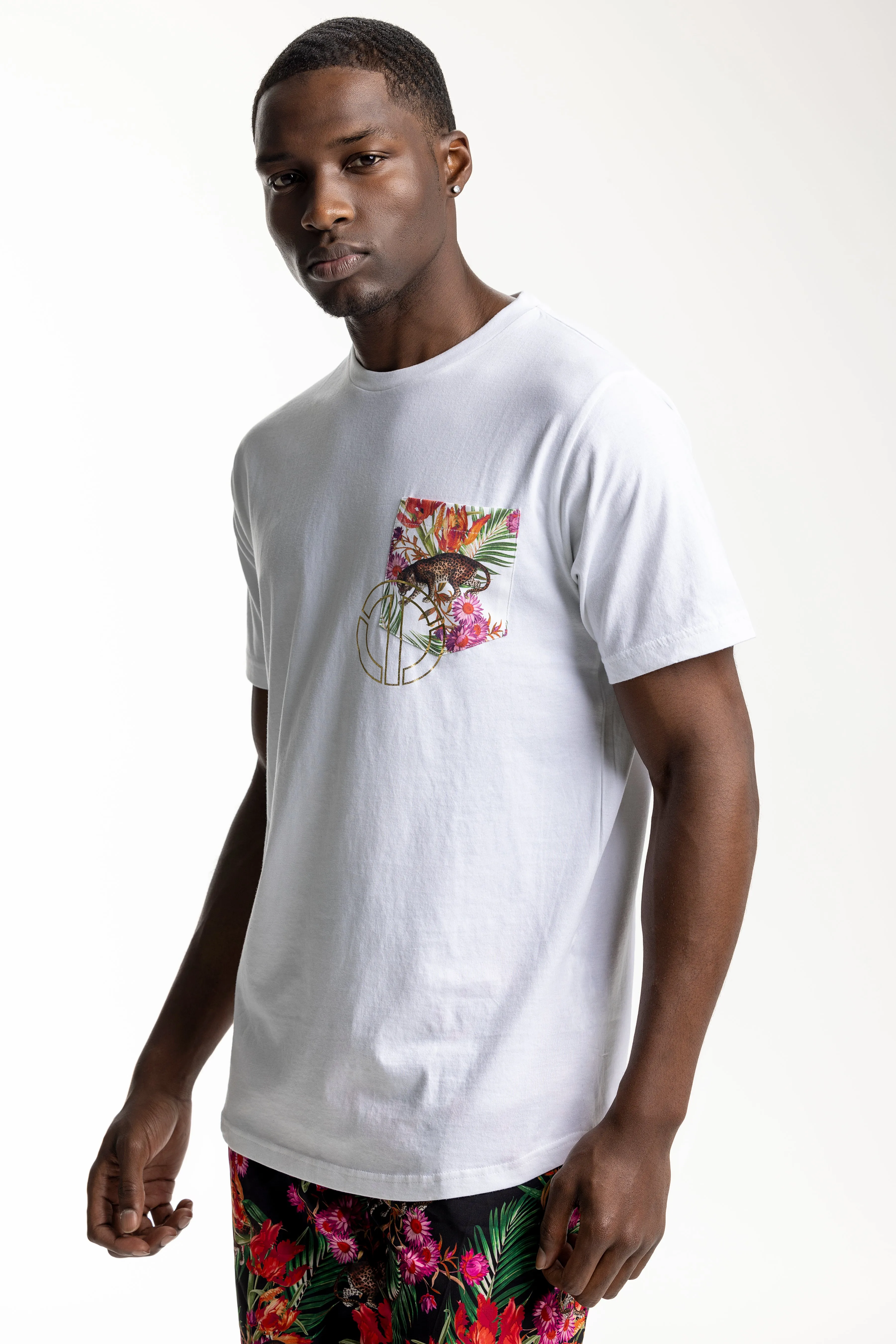 Men's White Tee with Floral Pocket
