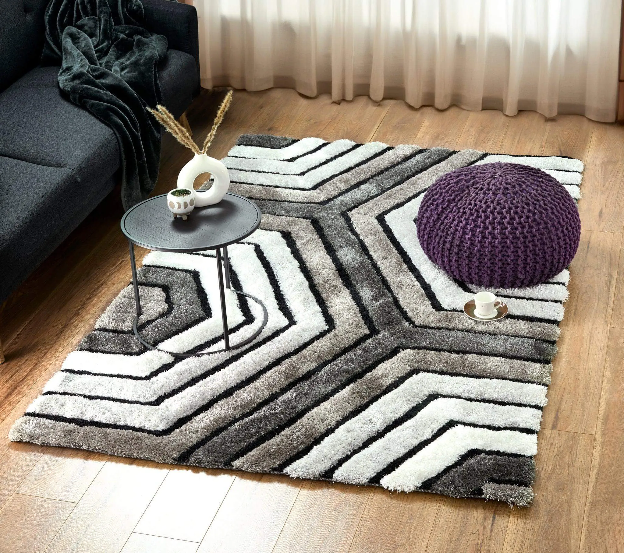 Neutral 3D Geometric Shaggy Rug - Hawaii